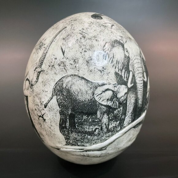 Ostrich Egg with Hand Drawn African Elephants. 5.5" x 5.5" x 7.5" - Picture 5 of 7